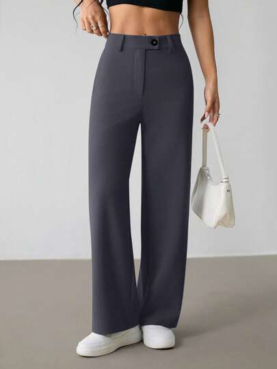 SHEIN PETITE Pantalones rectos casuales de mujer de unicolor con cinturón