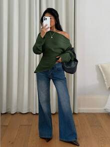 Siren Gaze Women's Casual Solid Color Textured Oblique Shoulder Long Sleeve Top, Autumn - Army Green - View 5