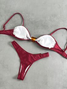 Swim Basics 2件套纯色石纹装饰优雅女士泳装套装，春夏款 - 酒紅色 - 查看 2