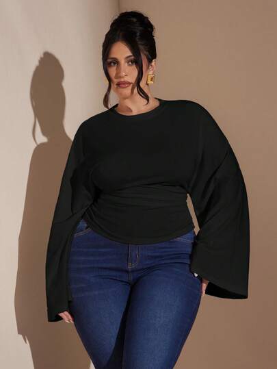 SHEIN BAE Plus Size Elegant Commuter Solid Color Batwing Sleeve Cinched Waist T-Shirt