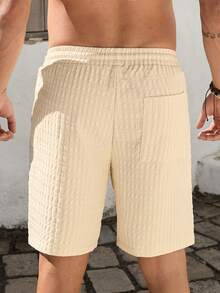 VIVINTIMO Men's Solid Color Casual Drawstring Pocket Jacquard Shorts - Khaki - View 2