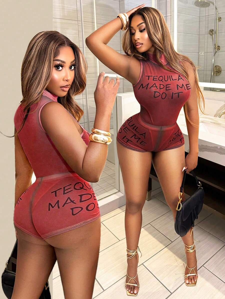 BamGleam 女士标语印花立领连体裤和短裤性感修身两件套 - 紅色 - 查看 1