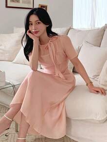 DAZY Women's Bow Tie Waist Fit & Flare Midi Dress - Pink - View 5