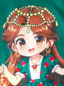 1pc Young Girl Lantern Graphic Cap Sleeve Casual Minimalist Green Dress, Fashionable, Elegant & Cute, Comfortable Summer - Multicolor - View 6