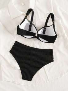 Swim Chiccia Conjunto de bikini de triángulo con tirantes gruesos y ajustables en la espalda, en unicolor, con decoración dorada para mujer - Negro - Ver 5