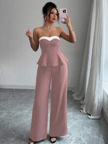 Elenzga 女士优雅两件套：荷叶边抹胸上衣和阔腿裤 - 藕粉色 - 查看 7