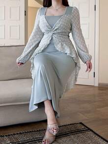 Dazy Plus 大码撞色碎花修身长裙，两穿设计，优雅约会之选，春夏连衣裙 - 淺藍色 - 查看 6