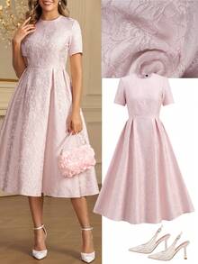 Ellevyn 女士圆领短袖提花纹理面料粉色收腰褶裥A字优雅日常/约会中长连衣裙，早春 - 粉色 - 查看 1