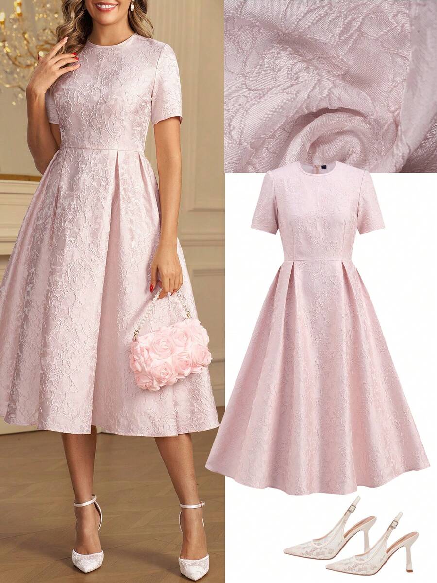 Ellevyn 女士圆领短袖提花纹理面料粉色收腰褶裥A字优雅日常/约会中长连衣裙，早春 - 粉色 - 查看 1