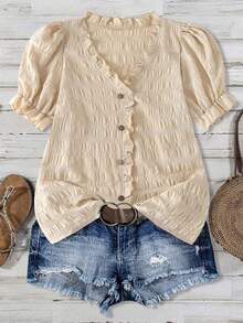 EMERY ROSE Plus Size Summer Casual Solid Color Textured Front Button Frill Trim Shirt - Apricot - View 3
