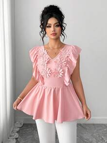 Elenzga 大码女式春夏印花V领收腰喇叭下摆休闲衬衫，优雅女式上衣，适合新年聚会、派对、度假、海滩、毕业典礼、节日、情人节、音乐节、母亲节、万圣节、感恩节、复活节、国庆节、舞会、约会、婚礼、郊游等场合。粉色女式衬衫，优雅粉色印花上衣，娃娃衫式上衣，粉色荷叶边上衣，女士粉色 - 粉色 - 查看 3