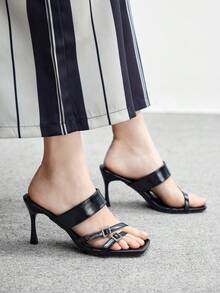 CUCCOO BIZCHIC 女士黑色亮片方头细跟中跟鞋，优雅、休闲、舒适、一脚蹬，适合工作、通勤、约会、派对、正式场合。 - 漆黑色 - 查看 1