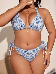 Swim Vcay Conjunto de Maiô Bikini Plus Size Estampado com Estrela-do-mar Colorida e Coral para Férias - Azul e Branco - Visão 4