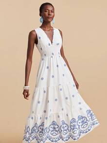 Travachic 女士碎花收腰连衣裙，波西米亚风，西式风格，夏季度假，适合假日、约会、下午茶、音乐节等场合，波西米亚风夏季连衣裙，女士海滩度假装扮，夏季服装，优雅女士连衣裙 - 藍白色 - 查看 1