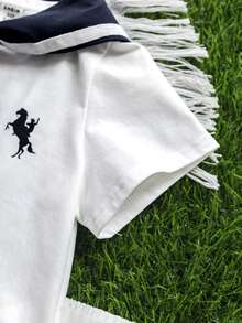 SHEIN 3pcs/Set Unisex Baby Boy Sailor Style Outfit,White Summer Knit Top,Shorts & Navy Blue Cape Set,Elegant Page Boy Clothes For Wedding Christening Gift - White - View 9