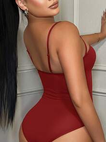 SHEIN SXY 女士性感网纱拼接吊带背心，胸前饰有绑带，春夏款 - 紅色 - 查看 2