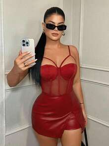 SHEIN SXY 女士性感网纱拼接吊带背心，胸前饰有绑带，春夏款 - 紅色 - 查看 4