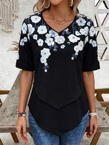 EMERY ROSE 女士印花短袖衬衫，休闲夏季款 - 藏蓝色 - 查看 4