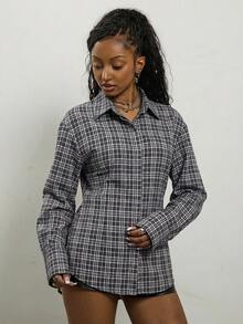 COUREZ Long Sleeve Cinched Shirt In Grid Check /Summer Tops Y3K Y2K Vintage - Black - View 4