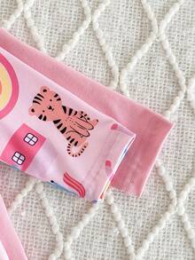4件套新生女宝宝套装，可爱卡通彩虹老虎和花卉印花露肩T恤和裤子，粉色纯色长袖睡衣套装 - 粉色 - 查看 3