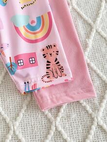 4件套新生女宝宝套装，可爱卡通彩虹老虎和花卉印花露肩T恤和裤子，粉色纯色长袖睡衣套装 - 粉色 - 查看 7