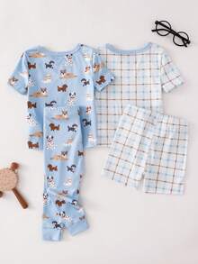 SHEIN GraphicGems Bộ đồ ngủ 4 món ôm sát cho bé trai, áo tay ngắn in hình chó hoạt hình dễ thương và quần dài, áo tay ngắn in họa tiết kẻ caro và quần short, bộ đồ ngủ. - Nhiều màu - Xem 2