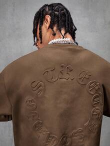 AXEPEAK 男士街头风透气绒面植绒宽松落肩圆领短袖T恤 - 咖啡棕 - 查看 4