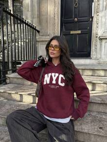 Aloruh Women's Autumn/Winter NYC Letter Print Casual Pullover Sweatshirt Sweatshirt, Loose Fit Pullover Hooded Sweatshirt, Fashionable & Versatile, Suitable For Street And Airport Wear, Autumn Carnival - Red Violet - View 1