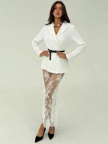 Aloruh Áo blazer trắng thanh lịch dành cho công sở, kết hợp với chân váy ren xuyên thấu. - trắng - Xem 4