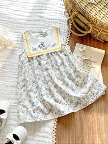 Vintaside Kids 女婴夏季数码印花可爱动物水果装饰刺绣领休闲无袖连衣裙，适合外出、度假和休闲活动 - 杏色 - 查看 3