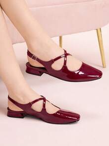 CUCCOO DOLLMOD 可爱蝴蝶结装饰玛丽珍平底鞋，杏色，方头，低跟，休闲通勤、约会、派对、购物、上学皆宜，甜美风格 - 酒紅色 - 查看 1