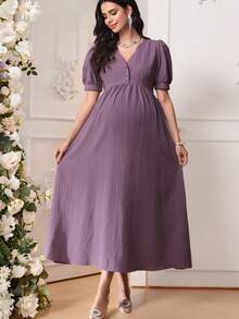 SHEIN 孕妇纯色V领纽扣优雅短袖连衣裙 - 紫色 - 查看 2