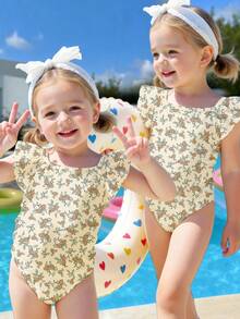 SHEIN 美拉德印花复古花卉图案，可爱乡村风格，女婴连体泳衣，适合夏季穿着 - 彩色 - 查看 3