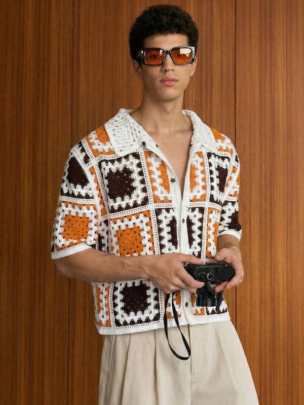 SWAVVY 男士短款格子针织半袖上衣，领口纽扣前襟，波西米亚风男士度假风开襟针织衬衫，男士钩针衬衫