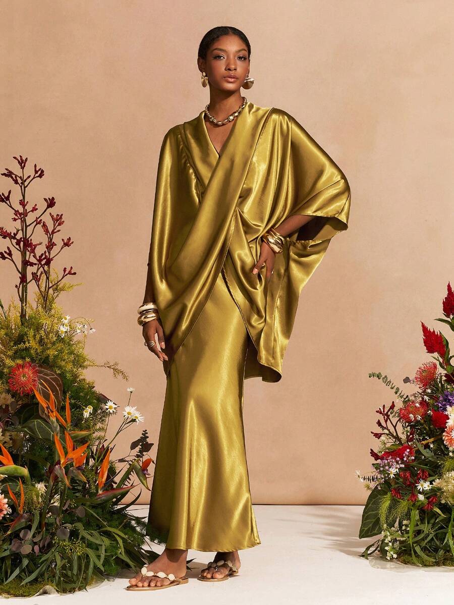 Zivah New Spring/Summer Commuter Elegant Loose Mustard Yellow Crossover Silhouette Top + Satin Skirt Women Two Pieces Set,Suitable For Valentine's Day , Dates, Party, Gatherings, Holidays, Vacation,Nomadic Style, Beach, Seaside,Concerts, Everyday Outings, New Year's, Revelry, Brunch Outfits, Wedding Guest Outfits, Wedding Season,Casual-A - Mustard Yellow - View 1