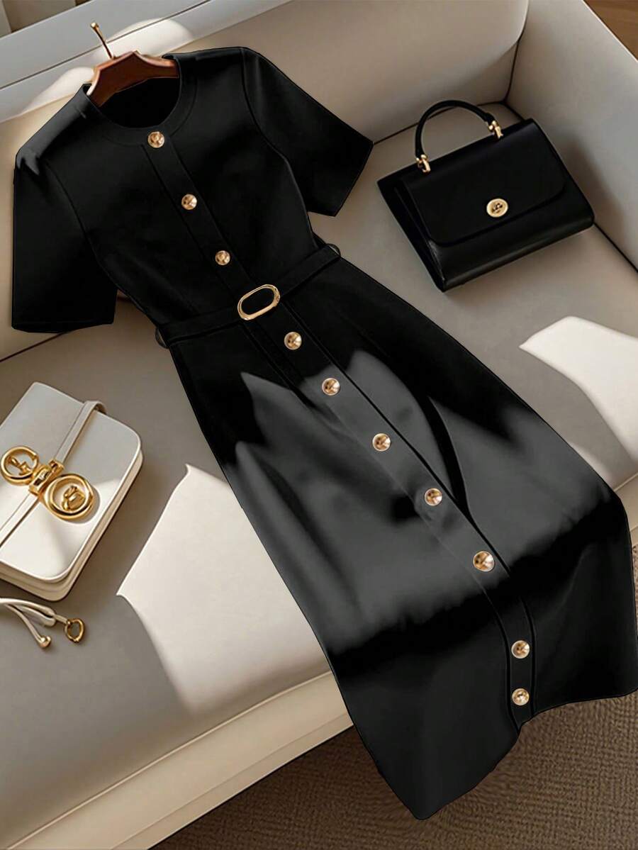 GlowEve Women's Solid Color Short Sleeve Single-Breasted Casual Commuting Mid-Length Dress - Black - View 1