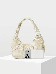 MOTF PREMIUM 女士时尚优雅艺术花卉图案手提包单肩包，适合约会通勤场景 - 米色 - 查看 3