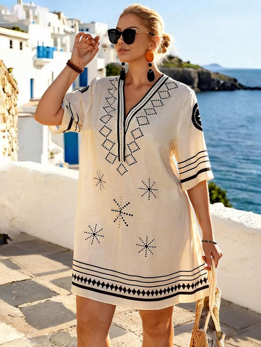 EMERY ROSE Plus Size Women's V-Neck Loose Knee-Length Dress, Printed Linen-Like Fabric, Suitable For Beach Vacation, Spring/Summer - Multicolor - View 1