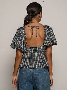COUREZ PUFF SLEEVE BACKLESS SHIRT IN MICRO CHECK - Black and White - View 3