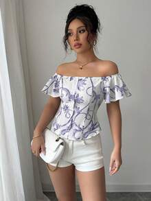 Elenzga 女士夏季度假风印花露肩荷叶边衬衫 - 紫色 - 查看 3