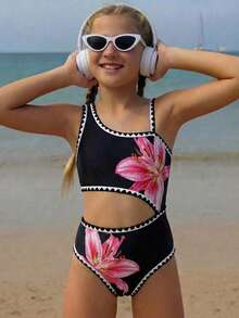 少女休闲简约沙滩度假风黑色吊带镂空贝壳花卉百合印花连体泳衣，夏季 - 黑色 - 查看 4