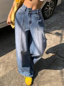 FRIFUL 女士带口袋纽扣休闲百搭日常穿着阔腿牛仔裤 - 藍色 - 查看 9