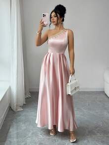 Elenzga Women Elegant Pink Sleeveless Long Dress Asymmetrical Neck With Delicate Gold Embroidery Flared Silhouette Bride Prom Gown - Pink - View 4