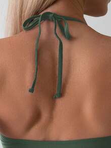 Swim Basics Women's Summer Beach Solid Color Halter Tie Sexy Bikini Top - Army Green - View 5