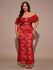 SHEIN BAE Đầm trễ vai màu đỏ xếp nếp thanh lịch gợi cảm dành cho nữ cỡ lớn, đầm đi biển nghỉ mát. - Đỏ - Xem 4