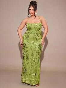 SHEIN BAE Đầm maxi cỡ lớn màu xanh lá cây trơn thêu hoa 3D đính sequin, xuyên thấu, hở lưng, buộc dây, thích hợp cho mùa xuân/hè, đi nghỉ mát, hẹn hò ngày Valentine, đầm ngắn cho phù dâu, đầm sequin sinh nhật, đầm maxi hở lưng, phù hợp cho tiệc tùng, hộp đêm, các dịp trang trọng, đầm dự tiệc cưới mùa thu, đầm dự tiệc cưới dành cho nữ. - màu xanh lá - Xem 4