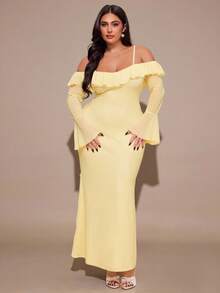 SHEIN BAE 大码女式荷叶边长款网纱连衣裙，黄色优雅连衣裙，度假连衣裙 - 黃色 - 查看 5