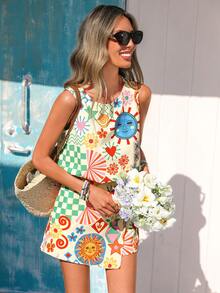 Vivid Eden Bộ đồ 2 mảnh gồm áo không tay và quần short buộc dây bên hông dành cho nữ, họa tiết in nghệ thuật, trang phục đi biển thường ngày. - Nhiều màu - Xem 1