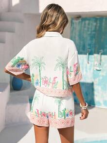 Vivid Eden Women's Open Front Casual Textured Vacation Short Sleeve Shirt - Multicolor - View 2