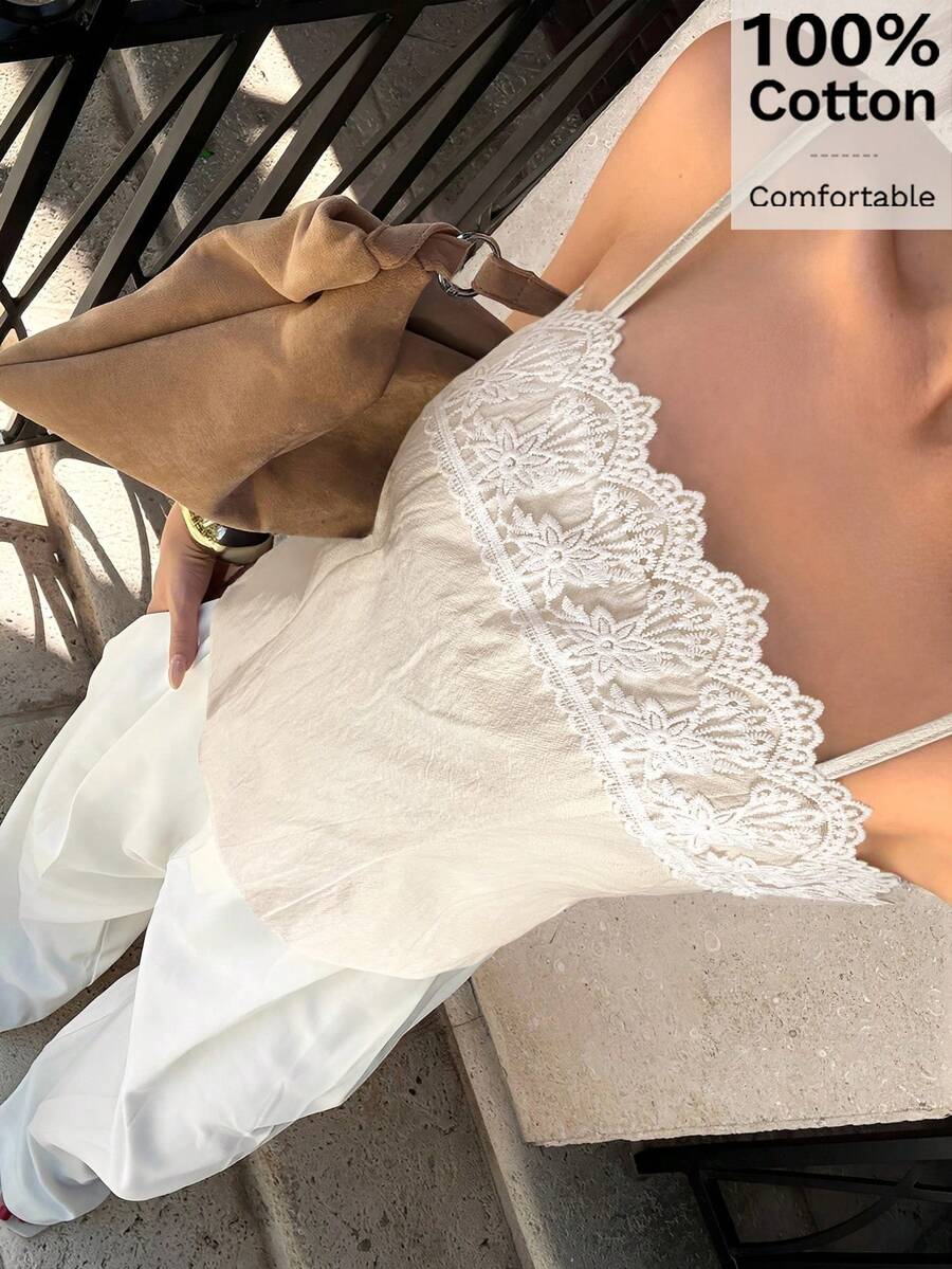 Siren Gaze 2025年春夏新款女士蕾丝边吊带背心，独特简约露脐抹胸上衣 - 杏色 - 查看 1